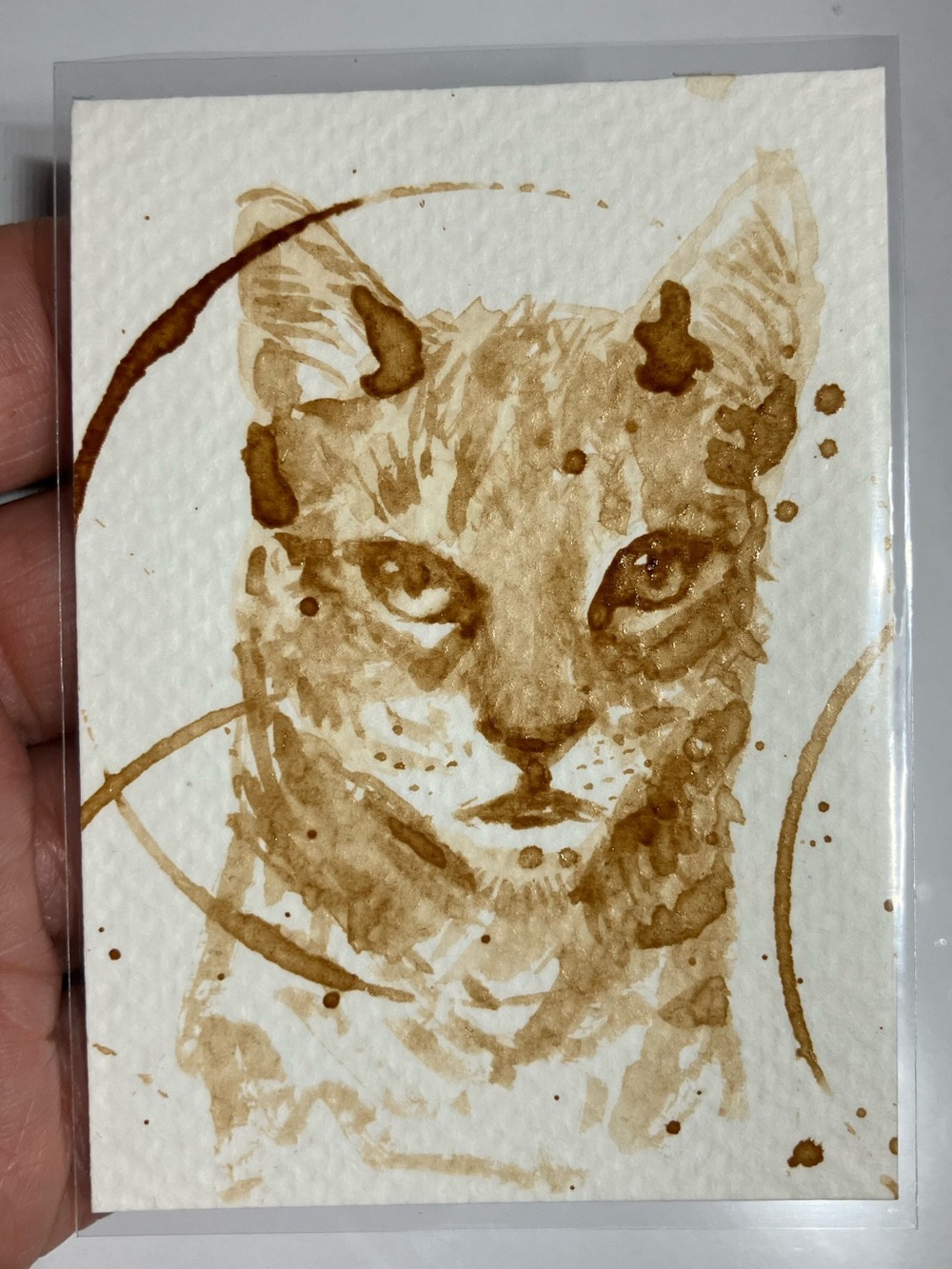 Aceo original cat coffee painting real Java ATC art fun gift or treat yourself
